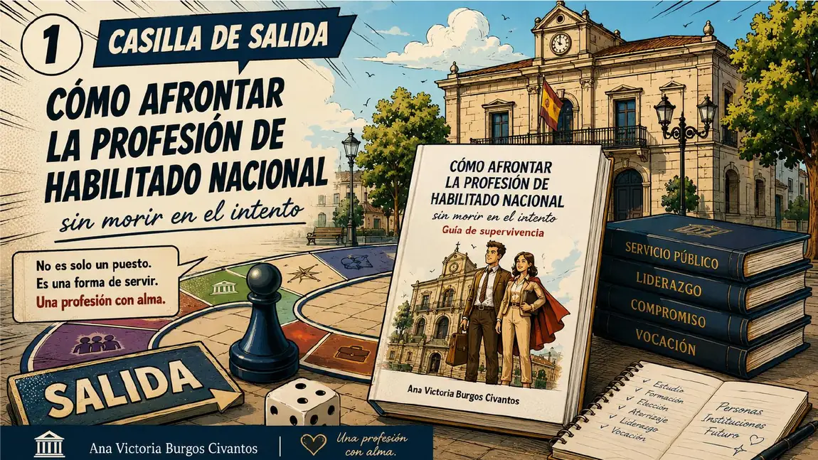 Casilla de salida. Portada del libro «Cómo afrontar la profesión de Habilitado Nacional sin morir en el intento» sobre un tablero de juego, con los libros del servicio público, el liderazgo, el compromiso y la vocación.
