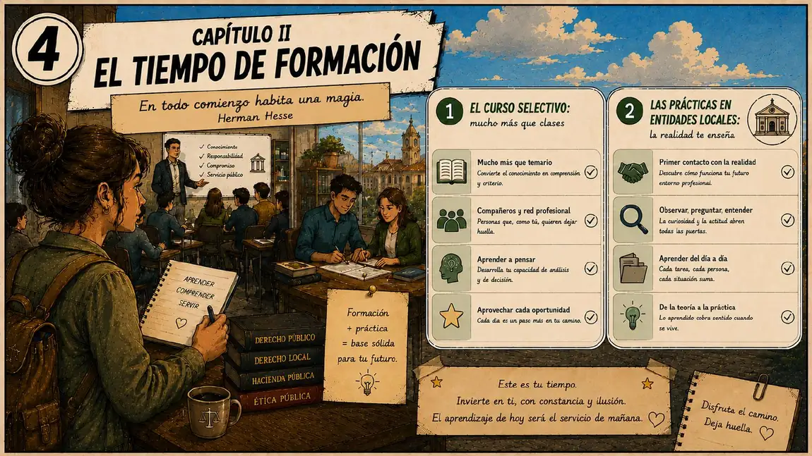 Capítulo II, «El tiempo de formación»: el curso selectivo como mucho más que clases y las prácticas en entidades locales.