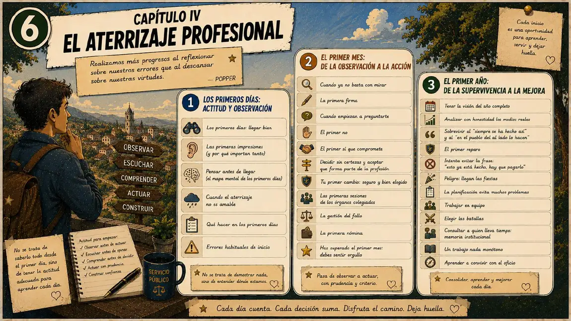 Capítulo IV, «El aterrizaje profesional»: los primeros días, el primer mes y el primer año en el puesto.