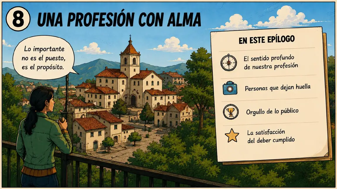 Epílogo, «Una profesión con alma»: el sentido profundo de la profesión, las personas que dejan huella, el orgullo de lo público y la satisfacción del deber cumplido.